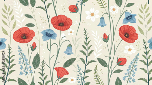 cute seamless pattern of stylized flowers arranged in vertical stripes 
