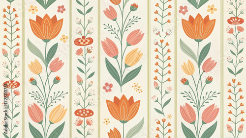 cute seamless pattern of stylized flowers arranged in vertical stripes 