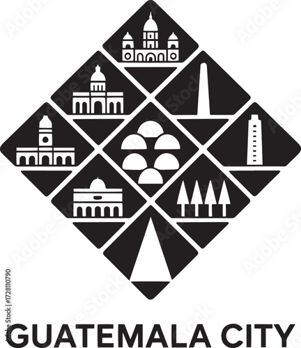 Guatemala City skyline black outline architectural landmarks flat square icon, Central America capital