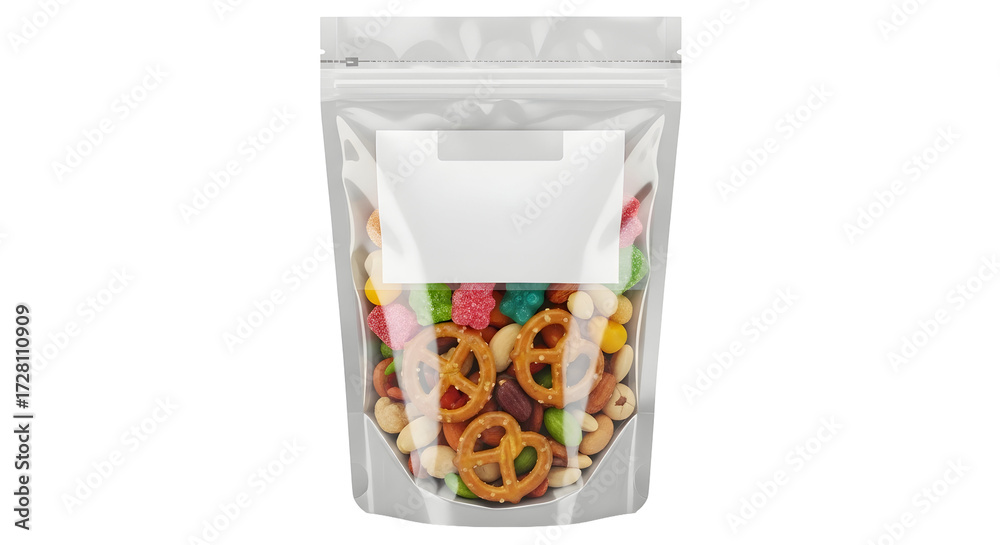 Fototapeta premium Vibrant snack mix in resealable pouch with blank label, perfect for impulse buys and on-the-go enjoyment