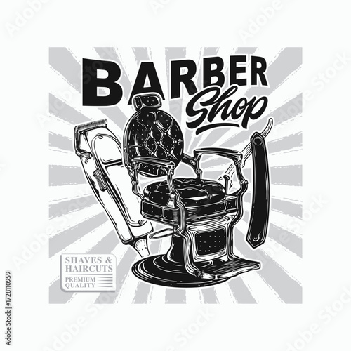 Vintage barbershop design featuring classic chair, razor, and clippers for retro style barber branding and creative hair salon marketing materials