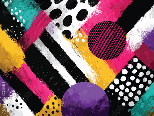 다채로운 색상과 기하학적 패턴이 조화를 이룬 추상적인 붓 터치 아트워크