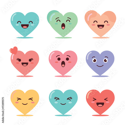 A charming collection of nine expressive heart emojis with playful facial features and bright colors.