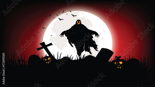 Halloween template, the rise of the demon king in the middle of a graveyard full of pumpkins