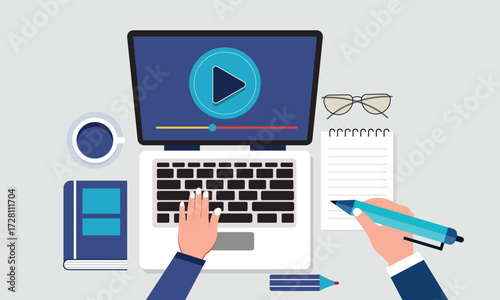 Human hand use laptop learning online education and distance learning concept