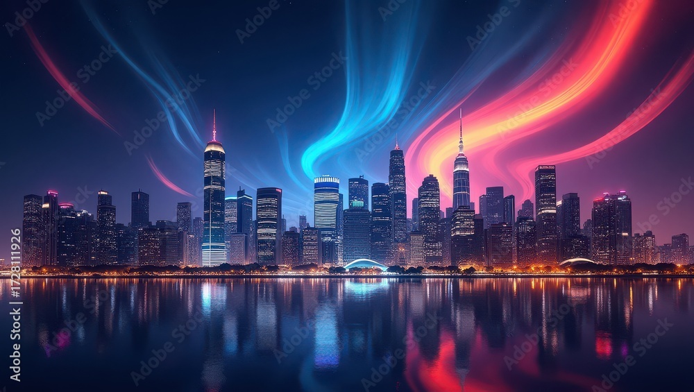Obraz premium City of Lights Rising Beneath the Neon Aurora of Dreams