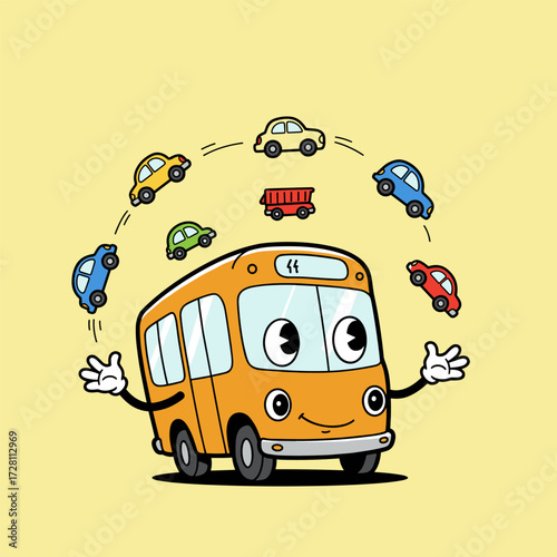 Smiling orange cartoon bus with raised gloved hands juggling colorful toy cars in a light yellow background.