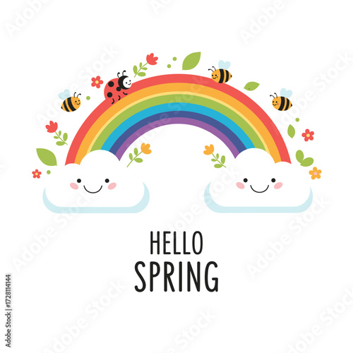 A cute rainbow with bees and ladybugs with hello spring text.
