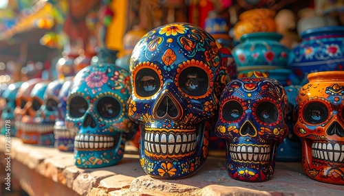 Colorful skull decorations displayed in a market