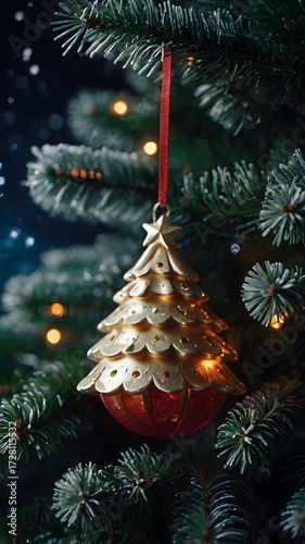 Golden and Red Christmas Ornament Hanging on Fir Branch with Warm Bokeh Lights