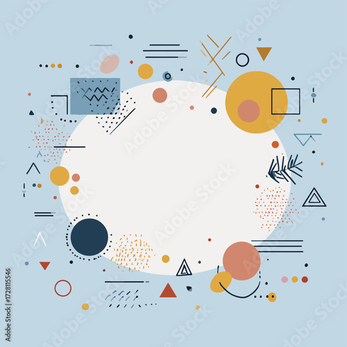 다양한 기하학적 패턴과 추상적인 형태로 구성된 현대적인 디자인의 배경