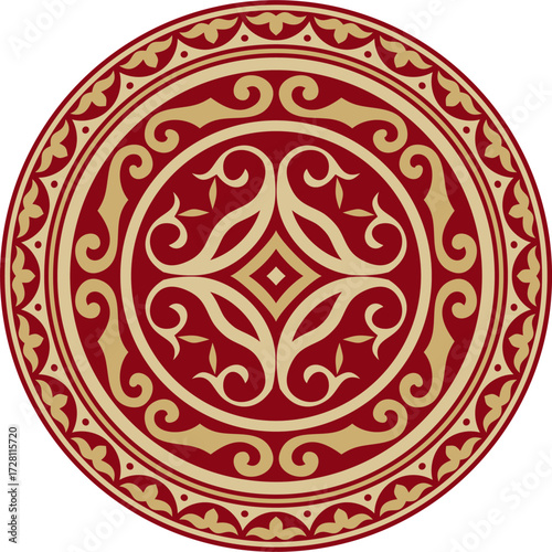 Vector red and gold round Kazakh national ornament. Ethnic pattern of the peoples of the Great Steppe,  Mongols, Kyrgyz, Kalmyks, Buryats. circle, frame border.