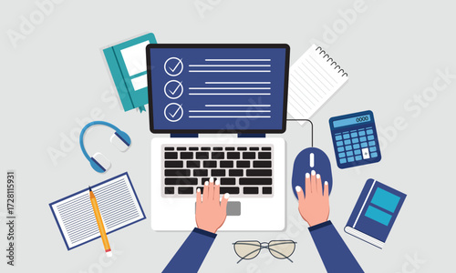 Working on laptop from home.  Freelancer job, student studying or user surfing internet vector concept