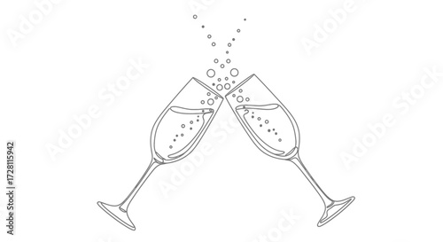 Elegant line art illustration of two champagne flutes toasting with sparkling bubbles