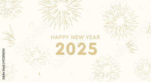 Elegant New Year 2025 greeting card featuring golden fireworks on cream background design