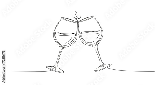 Elegant single continuous line drawing of wine glasses clinking together for celebration design