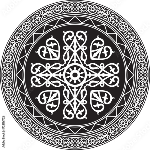 Vector round monochrome Yakut national ornament. Ethnic circle pattern of the peoples of the Far North, Siberia, taiga and tundra