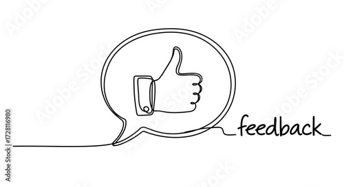 Minimalist continuous line drawing of a thumbs up gesture within a speech bubble feedback concept