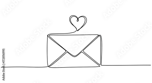 Minimalist continuous line drawing of an envelope with heart symbol, representing love and