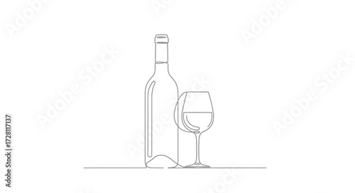 Minimalist depiction of a wine bottle and glass portrayed with fluid continuous line art style