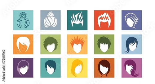 Different hairstyles designs illustrations in different colored squares