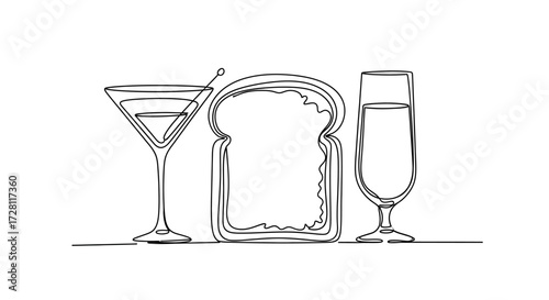 Minimalist line drawing of martini glass, slice of bread and glass of water concept art