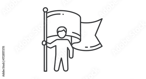 Minimalist outline illustration of a figure holding a flag symbolizing victory or leadership