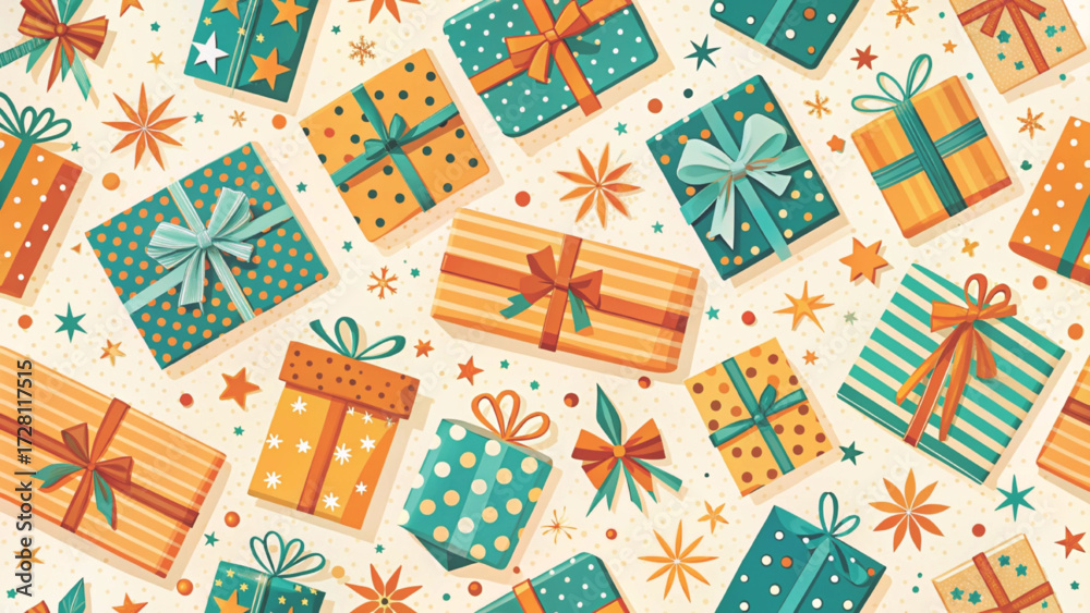 Fototapeta premium Seamless pattern of cute red christmas gift boxes background 