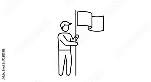 Minimalist vector illustration of a person holding a flag on a neutral white backdrop