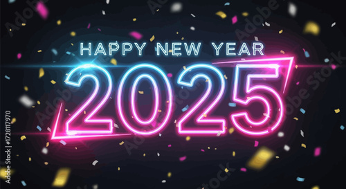 Radiant neon lights celebrating the arrival of a hopeful and bright new year 2025