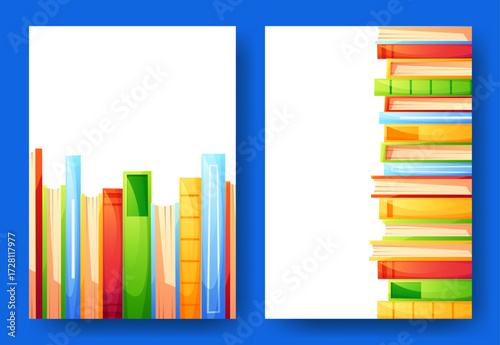 Two poster templates featuring colorful books in different positions. An advertising template for a bookstore, book stand, or library. A vibrant design suitable for literary events, forums, book clubs