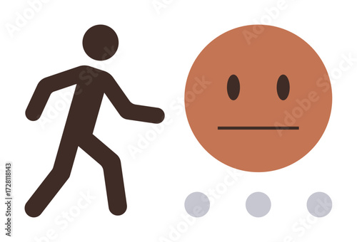 Human figure moves towards a neutral expression face above three dots. Ideal for emotion, decision-making, uncertainty, transition, emotional neutrality, life choices, simple flat metaphor