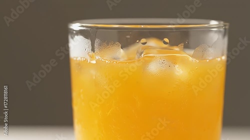 Refreshing Orange Juice With Ice Cubes Clinking in a Clear Glass, Close-Up Macro Shot