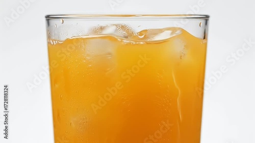 Refreshing Orange Juice With Ice Cubes in a Tall Glass, Close-Up Shot Showing Condensation