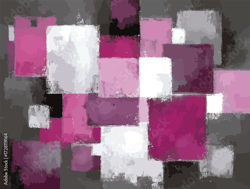 추상적인 핑크와 보라색 사각형들이 겹쳐진 현대적인 기하학적 패턴