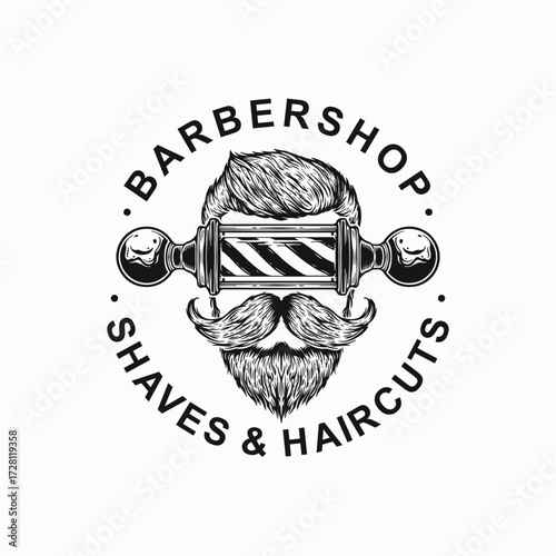 Vintage barbershop logo design featuring a classic barber pole, mustache, and beard for stylish grooming services