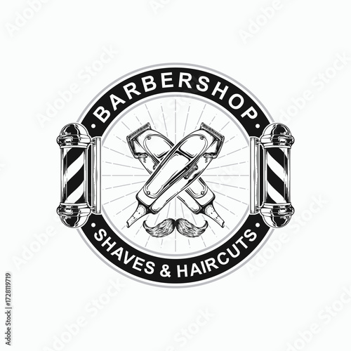 Classic barbershop emblem featuring clippers, barber pole, and mustache for a vintage masculine grooming experience.