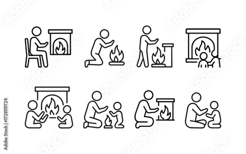 Set of black line icons showing people sitting and warming near fire and fireplace. Outline illustrations of adults and children by indoor and outdoor fire flames.