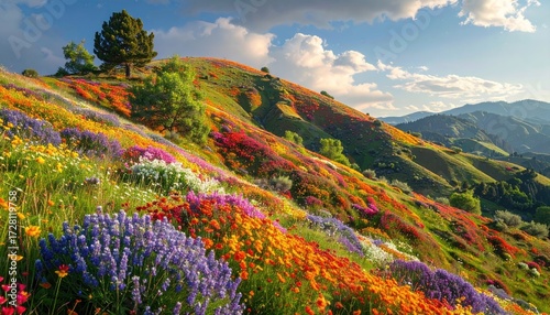 Sunny Hillside Meadow with Vibrant Wildflowers and a Majestic Sky in Golden Sunlight Cinematic Hdr Nature Photography Ultra Sharp Detail