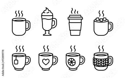 Set of black line icons representing different hot drinks in cups and mugs.