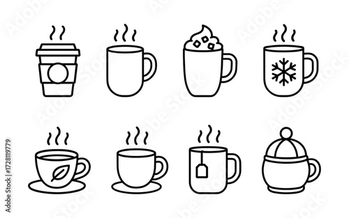Set of black line icons representing different hot drinks in cups and mugs.