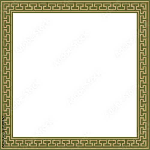 Vector gold with green classic Greek square ornament. Rectangle of Ancient Greece and Roman Empire. Byzantine painting of walls, floors and ceilings. Decoration of European palaces.