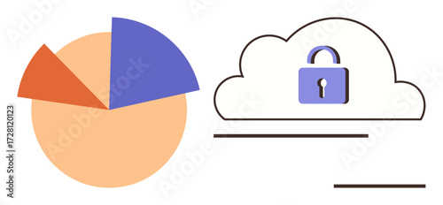 Pie chart with data segments next to a secured cloud and padlock icon representing data protection and analytics. Ideal for cybersecurity, data management, cloud technology, privacy, online safety