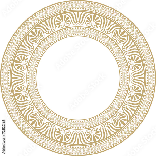Vector golden classic Greek round ornament. Circle of Ancient Greece and the Roman Empire. Byzantine painting of walls, floors and ceilings. Decoration of European palaces.