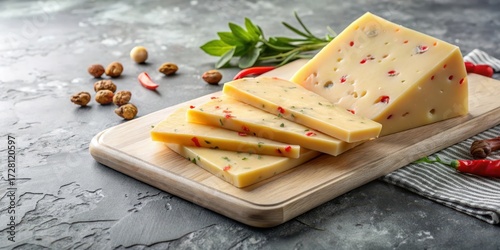 Crisp pepper jack cheese slices on a light gray marble cutting board with natural cracks and veins