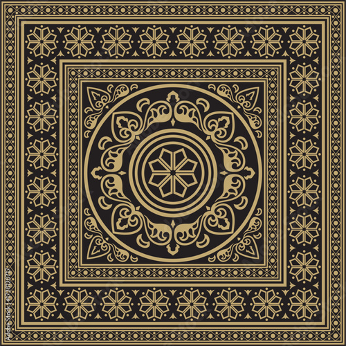 Vector square gold and black ancient Russian ornament. Slavic rectangle, border, frame. Painting of the royal chambers.