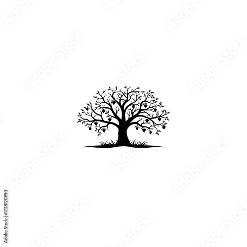 Silhouette of a Tree with Leaves and Heart Shaped Fruits.