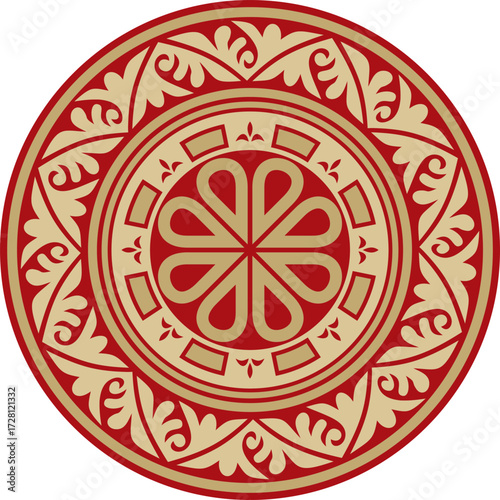 Vector gold with red round classic byzantine ornament. Circle, ring, border, Ancient Greece, Eastern Roman Empire frame. Decoration of the Russian Orthodox Church