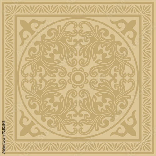 Vector golden square classic byzantine ornament. Rectangle, border, Ancient Greece, Eastern Roman Empire frame. Decoration of the Russian Orthodox Church