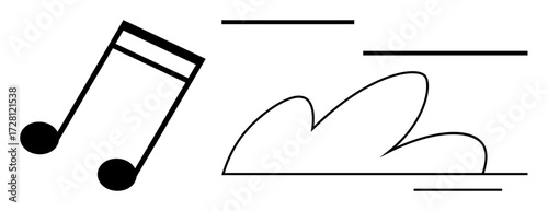 Musical note alongside a sketched cloud and wind-inspired lines conveys movement, creativity, and calmness. Ideal for music, nature, weather, inspiration, harmony creativity minimalism. Simple flat